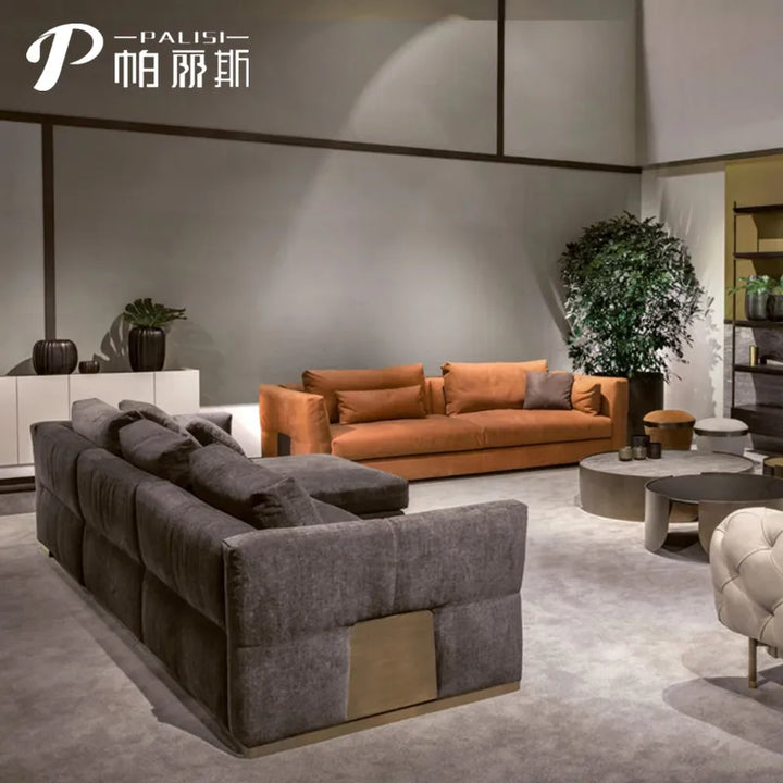 Luxury Italian Fabric Sectional Sofa Modern Suede Fabric Corner Sofa Furniture Set High Class Suede Leather Villa Sofa Set