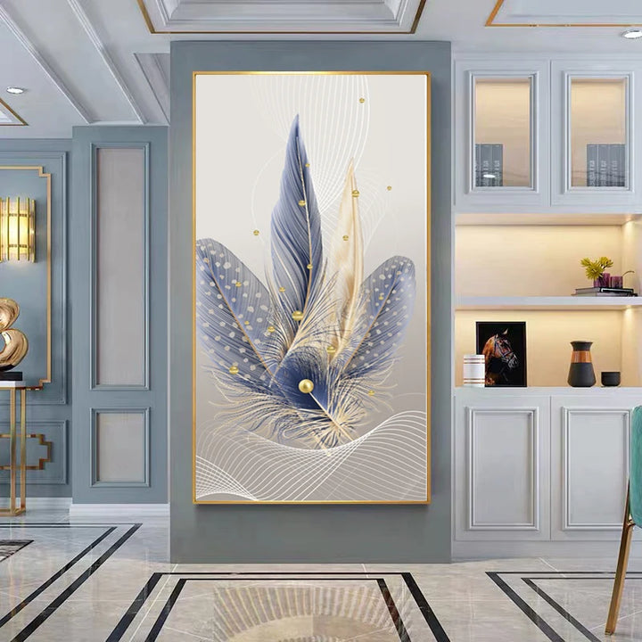 Nordic Hot Sale Wall Art Feather in Blue Gold HD Print Poster Picture Hotel Decoration Modern Art Canvas Frame