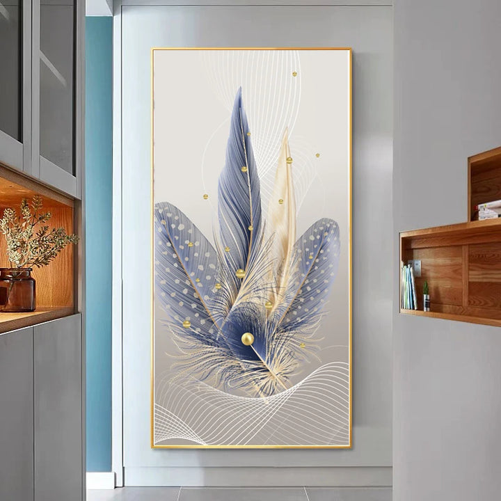 Nordic Hot Sale Wall Art Feather in Blue Gold HD Print Poster Picture Hotel Decoration Modern Art Canvas Frame