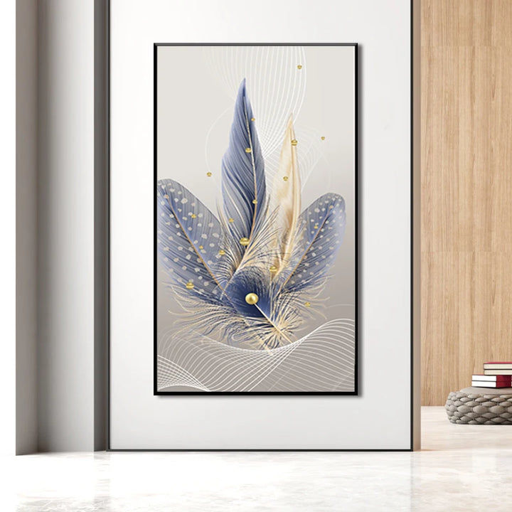 Nordic Hot Sale Wall Art Feather in Blue Gold HD Print Poster Picture Hotel Decoration Modern Art Canvas Frame