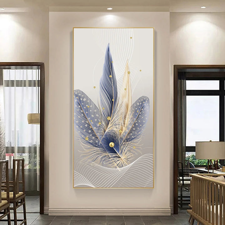 Nordic Hot Sale Wall Art Feather in Blue Gold HD Print Poster Picture Hotel Decoration Modern Art Canvas Frame