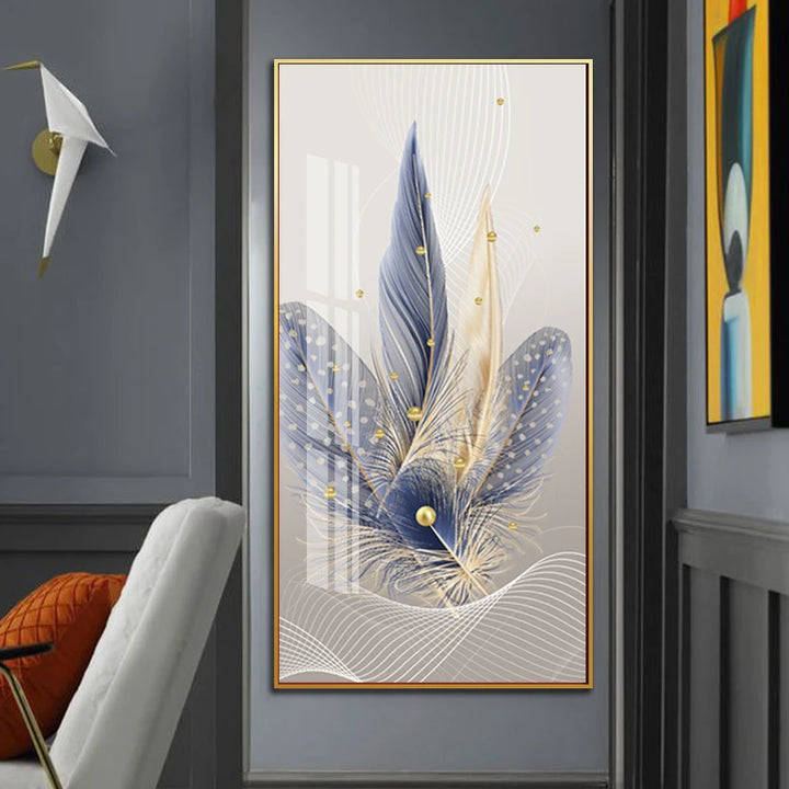 Nordic Hot Sale Wall Art Feather in Blue Gold HD Print Poster Picture Hotel Decoration Modern Art Canvas Frame